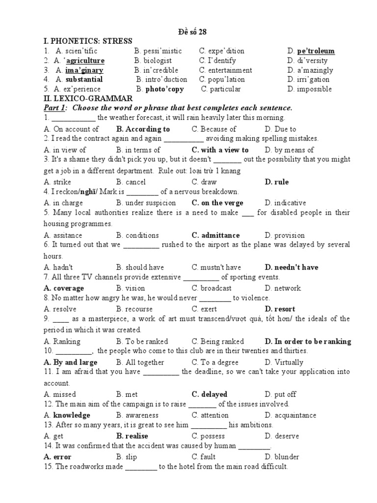 Part 1 Choose The Word or Phrase That Best Completes Each Sentence