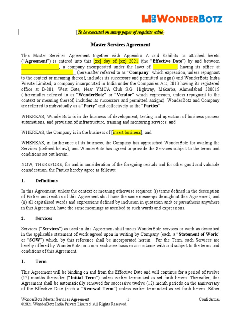 MSA For India Company | PDF | Indemnity | Arbitration