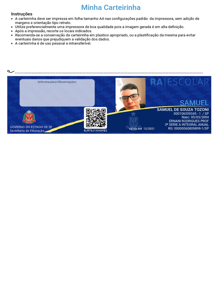 Instruções para Impressão da Carteirinha | PDF