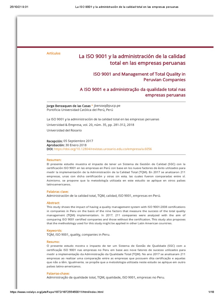 Impacto de ISO 9001 en Empresas Peruanas | PDF | Calidad (comercial ...