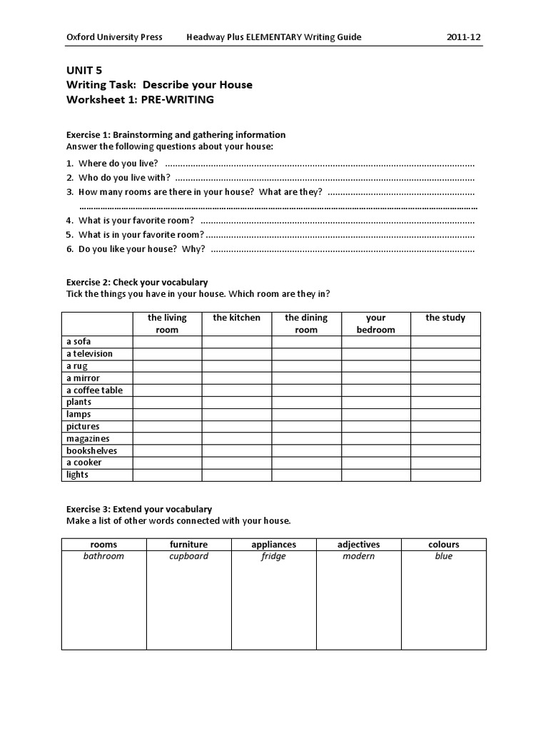 Unit 5 Writing Task: Describe Your House Worksheet 1: PRE-WRITING | PDF ...