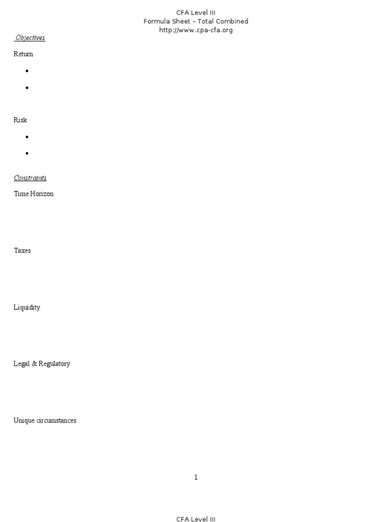 CFA Level III Combined Total Formula Mini Test Bonds (Finance)