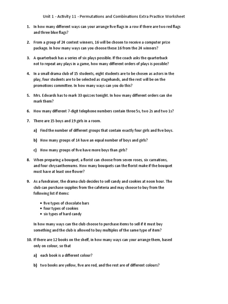 Unit 1 Activity 11 Permutations and Combinations Extra Practice