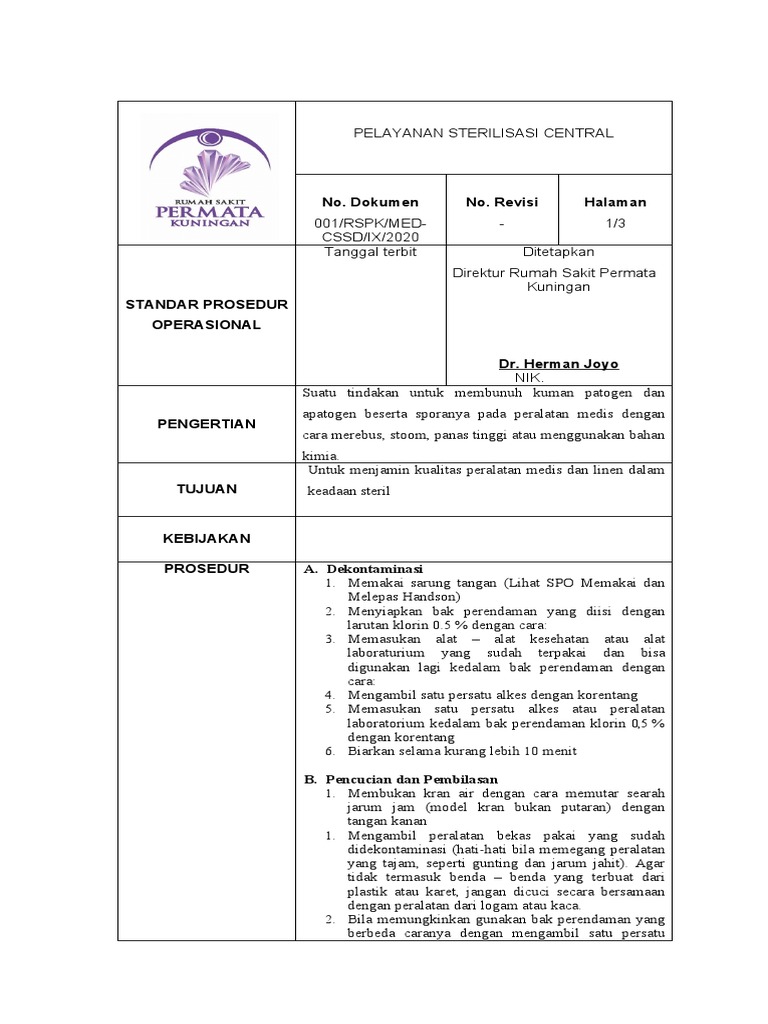 Spo CSSD Revisi No Dokumen, Halaman, Kebijakan | PDF