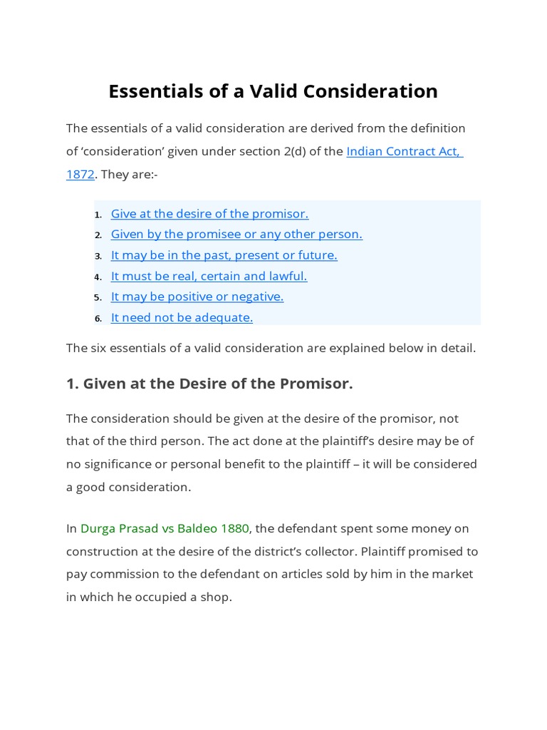 Essentials of a valid consideration pdf consideration common law