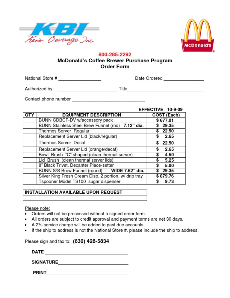 McDonald's Coffee Brewer Order Form | PDF | Cooking, Food & Wine | Home ...