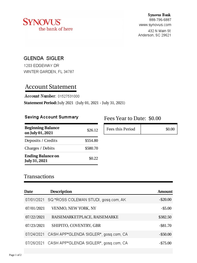 Synovus Statement Jul PDF Debits And Credits Economies