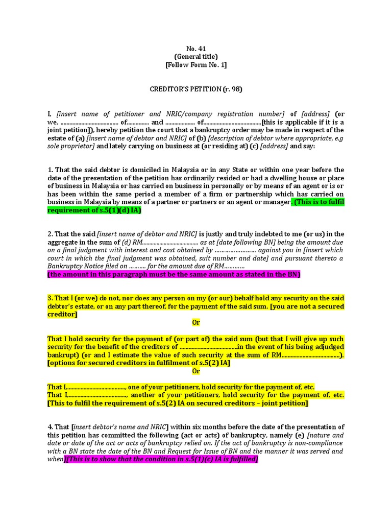 Form 41 Creditor's Petition | PDF | Bankruptcy | Government