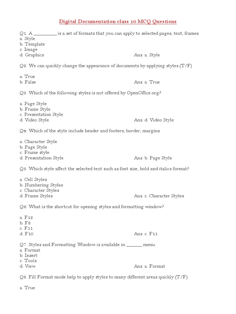 Digital Documentation Class 10 MCQ Questions | PDF | Hyperlink ...