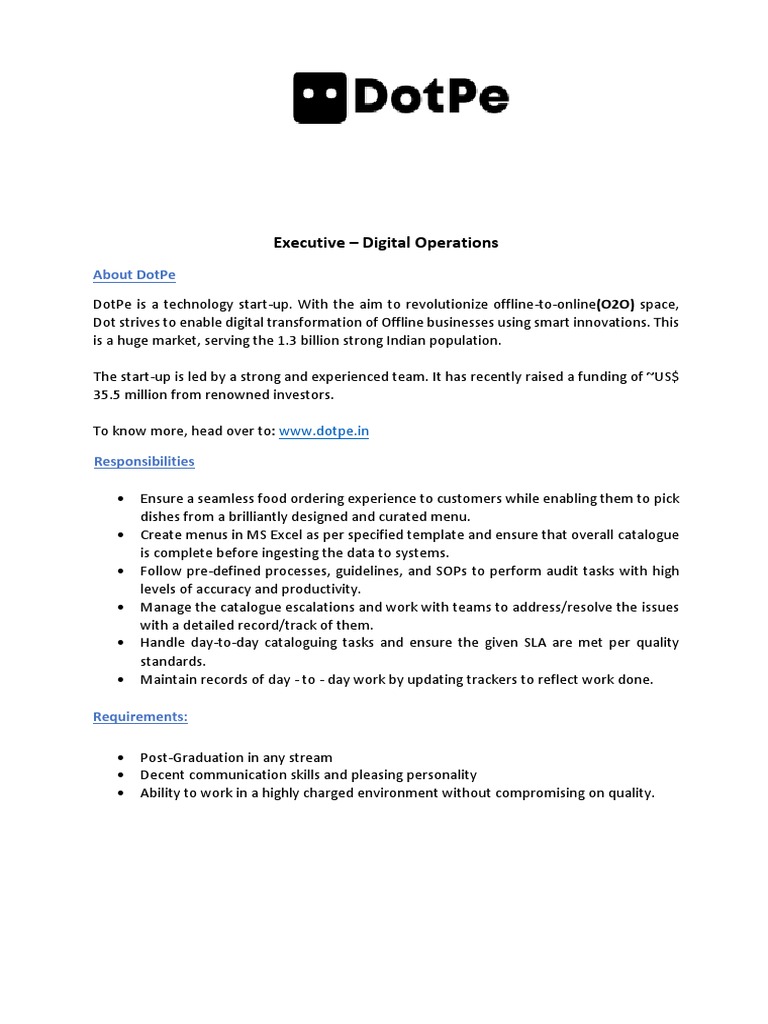 Executive - Digital Operations: About Dotpe | PDF