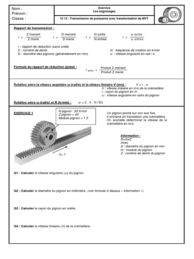 Calculs de Transmission PignonCrémaillère PDF Mécanique — free download