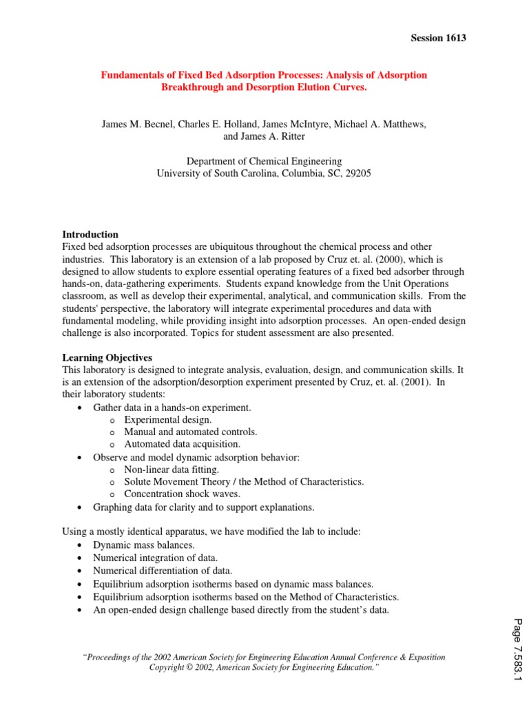 Fundamentals of Fixed Bed Adsorption Processes Analysis of Adsorption ...