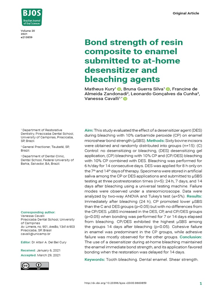 Bond Strength of Resin Composite To Enamel Submitted To AtHome Desensitizer and Bleaching