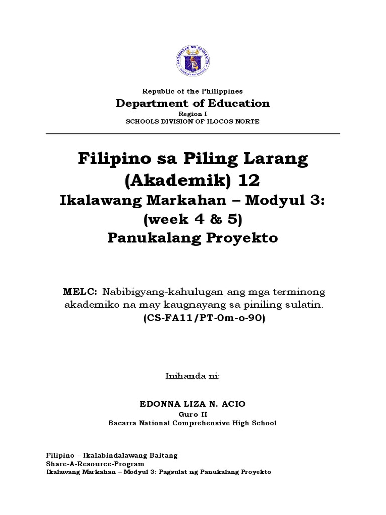 EDITED Filipino 12 Q2 Week45 Modyul3 PanukulangProjekto EDONNA ACIO ...