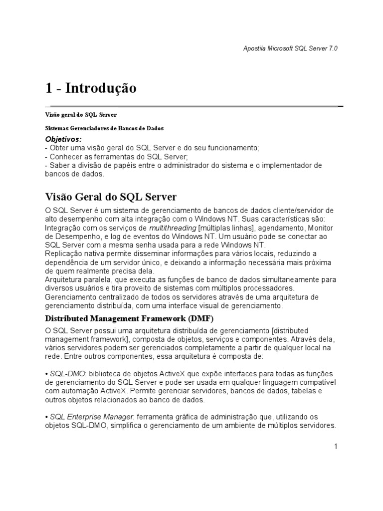 Introdução ao Microsoft SQL Server 7.0 | PDF | Microsoft SQL Server ...