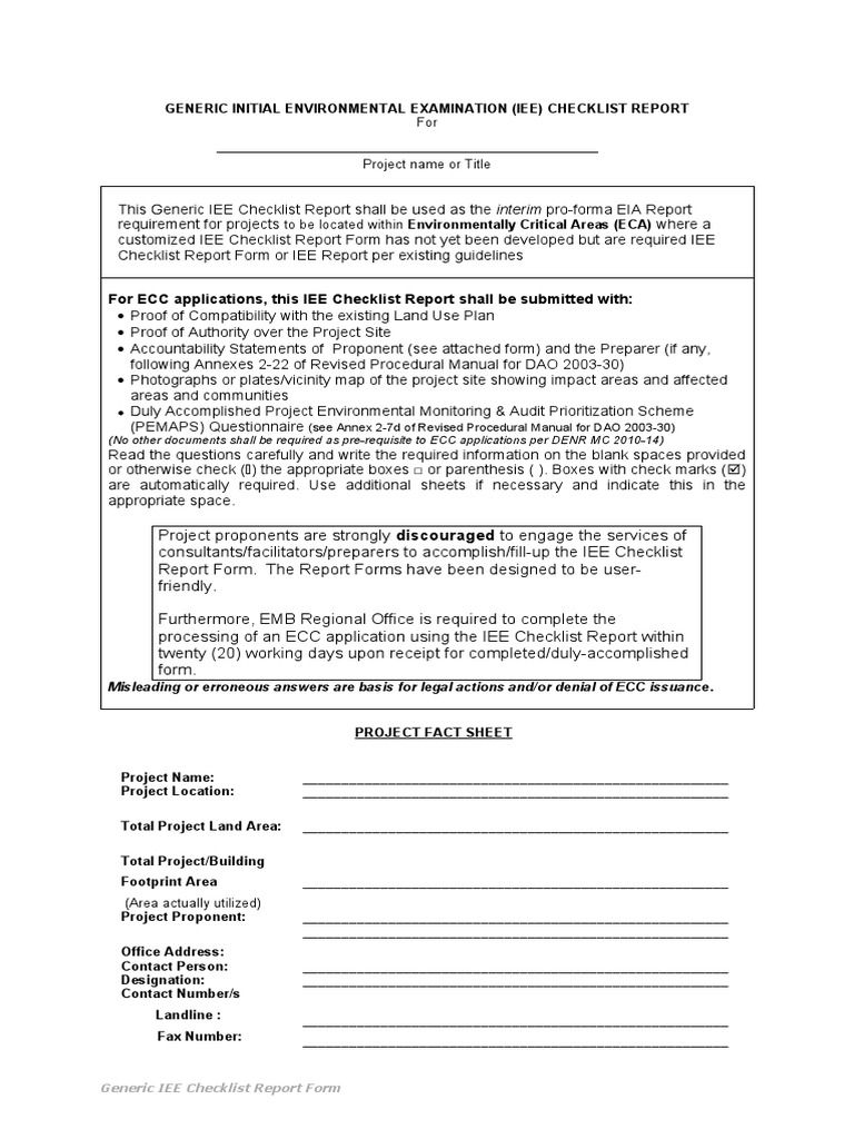 Generic IEE Checklist Report Template | PDF | Flood | Water