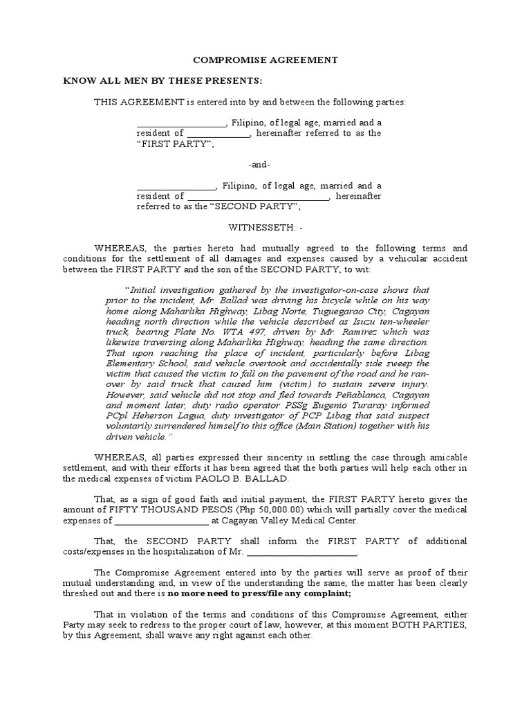 Compromise Agreement for Accident Settlement | PDF | Common Law | Justice