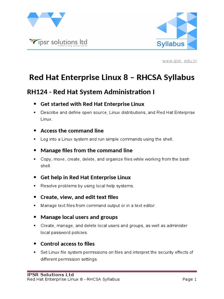 Red Hat Enterprise Linux 8 RHCSA Syllabus PDF Linux World Wide 