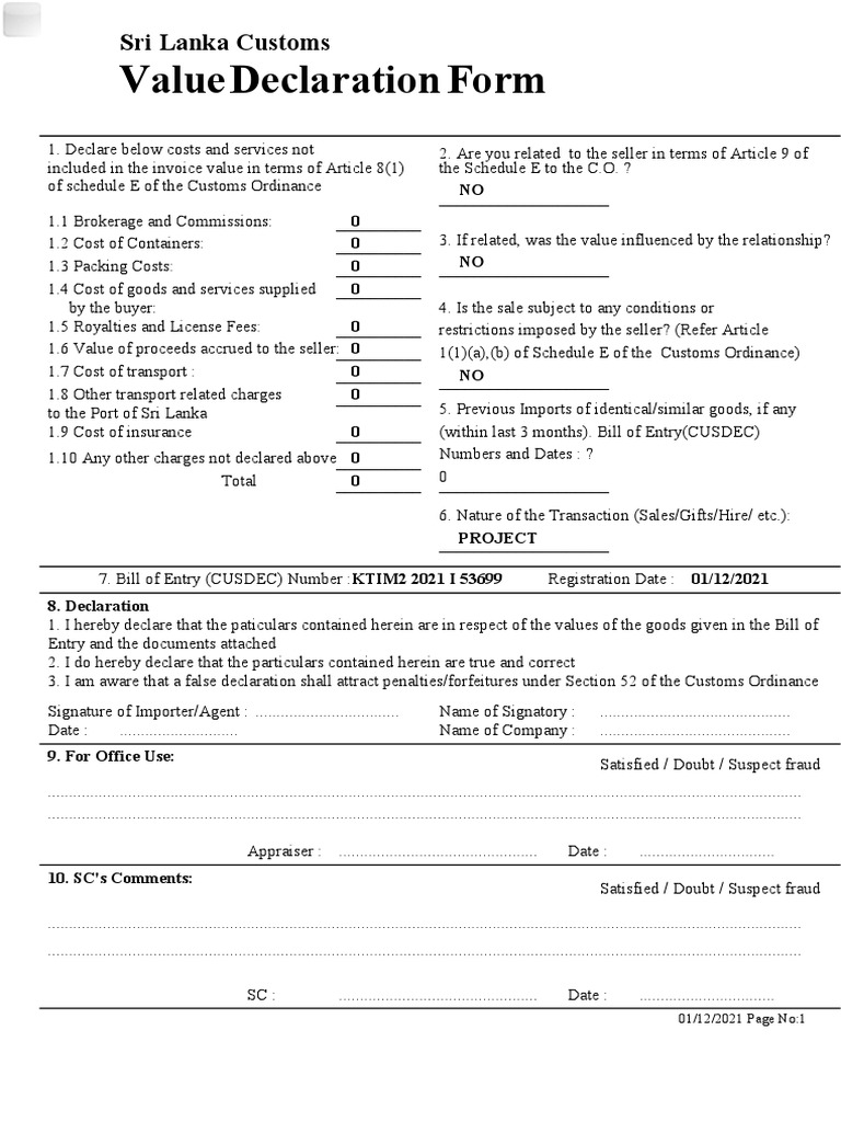 Sri Lanka Customs Value Declaration Form | PDF | Sales | Economies