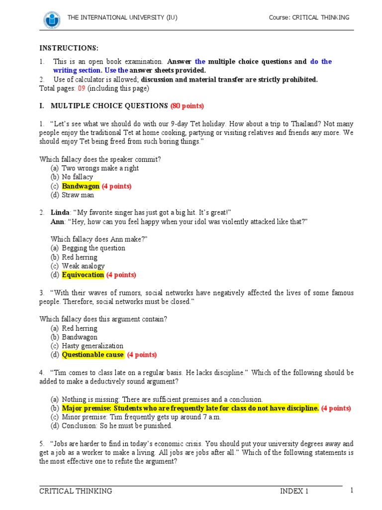 Critical Thinking Exam MCQs Guide | PDF | Fallacy | Argument