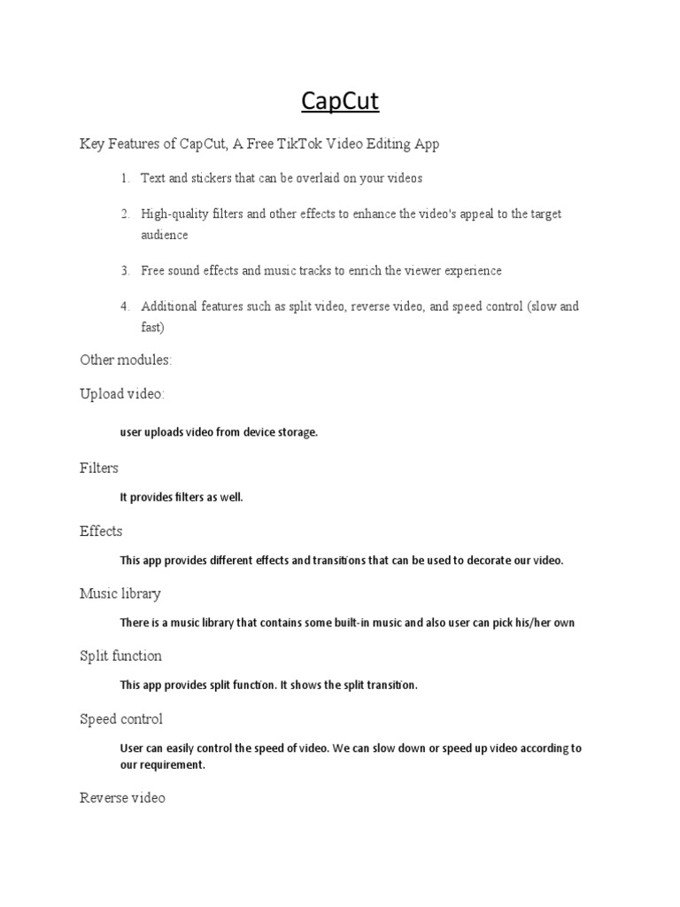 Capcut Key Features Of Capcut A Free Tiktok Video Editing App Pdf