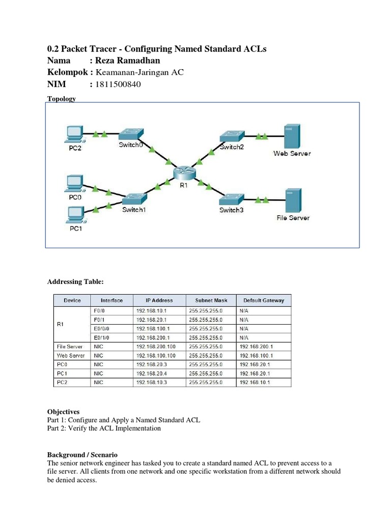Configure Named Standard ACLs in Packet Tracer | PDF