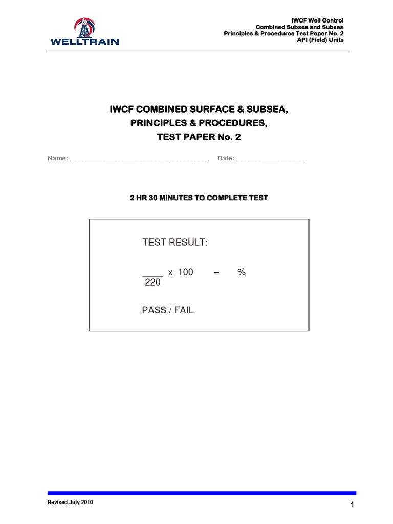 IWCF Well Control Test Paper No. 2 | PDF | Casing (Borehole) | Chemical ...