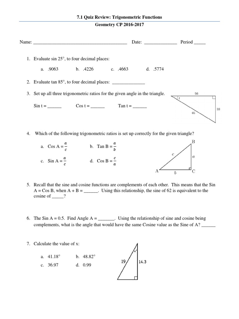 7 - 1 Trig Functions Quiz Review | PDF | Trigonometric Functions | Sine