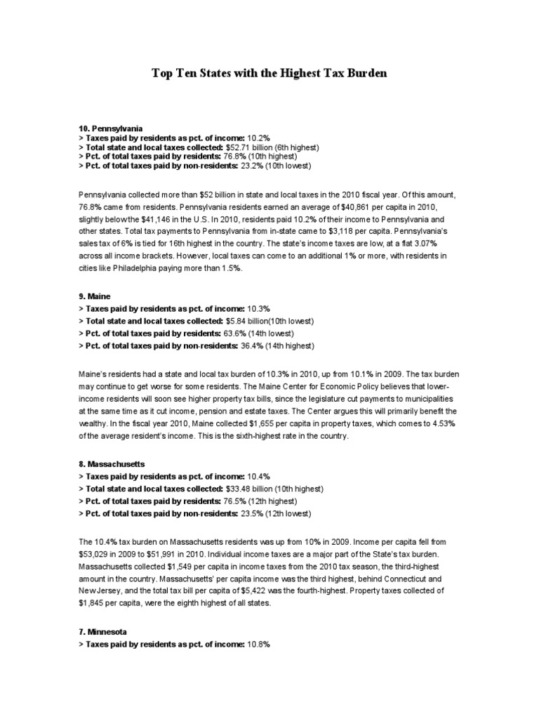 Top Ten States With The Highest Tax Burden PDF Taxes Property Tax