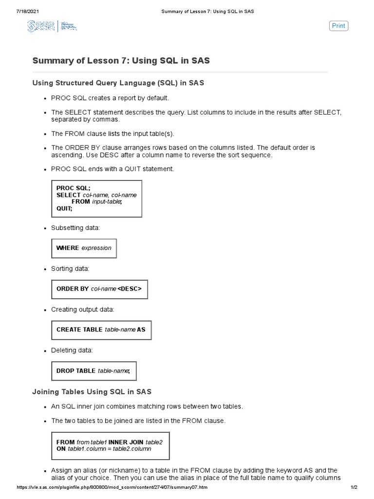 Summary of Lesson 7 - Using SQL in SAS | PDF | Computers