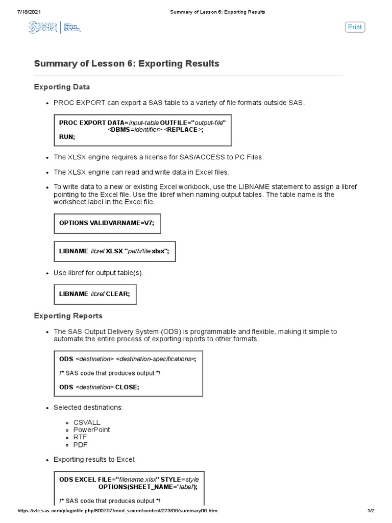 Summary of Lesson 6 - Exporting Results | PDF | Microsoft Excel | Sas ...