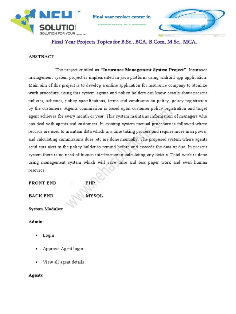 Insurance Management System Project PDF Random Access Memory
