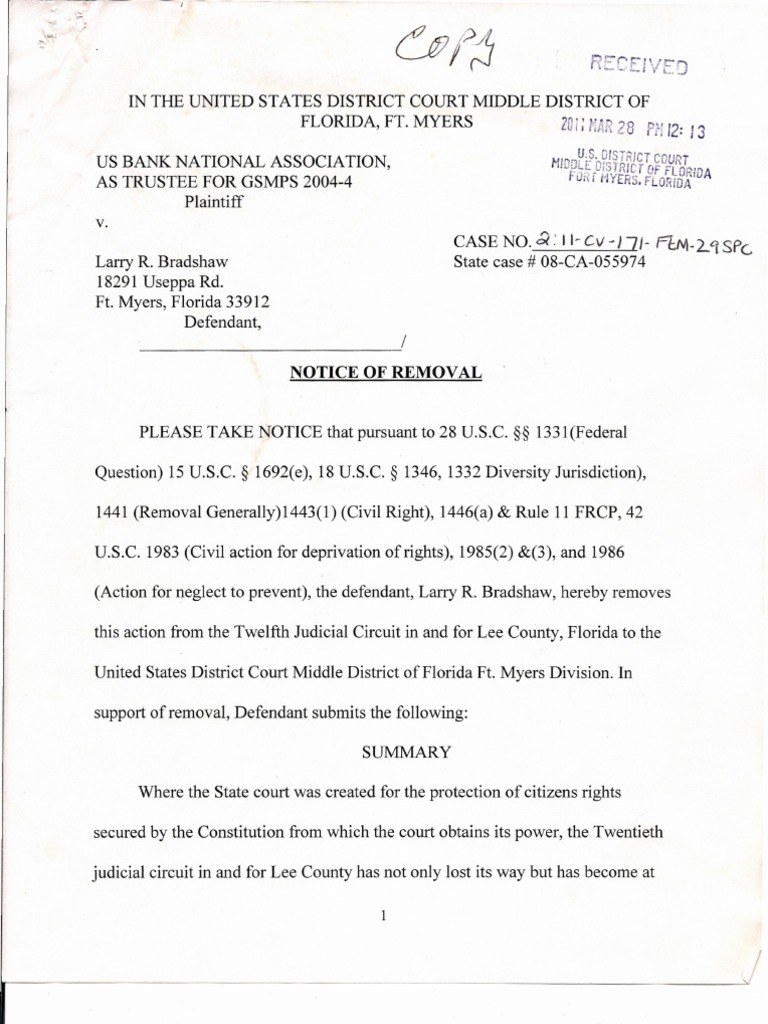 Defendant Files A Notice of Removal in A Mortgage Foreclosure Complaint ...