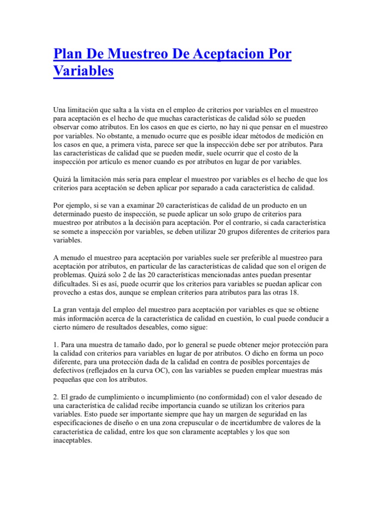 Plan de Muestreo de Aceptacion Por Variables PDF Muestreo (Estadísticas) Medición