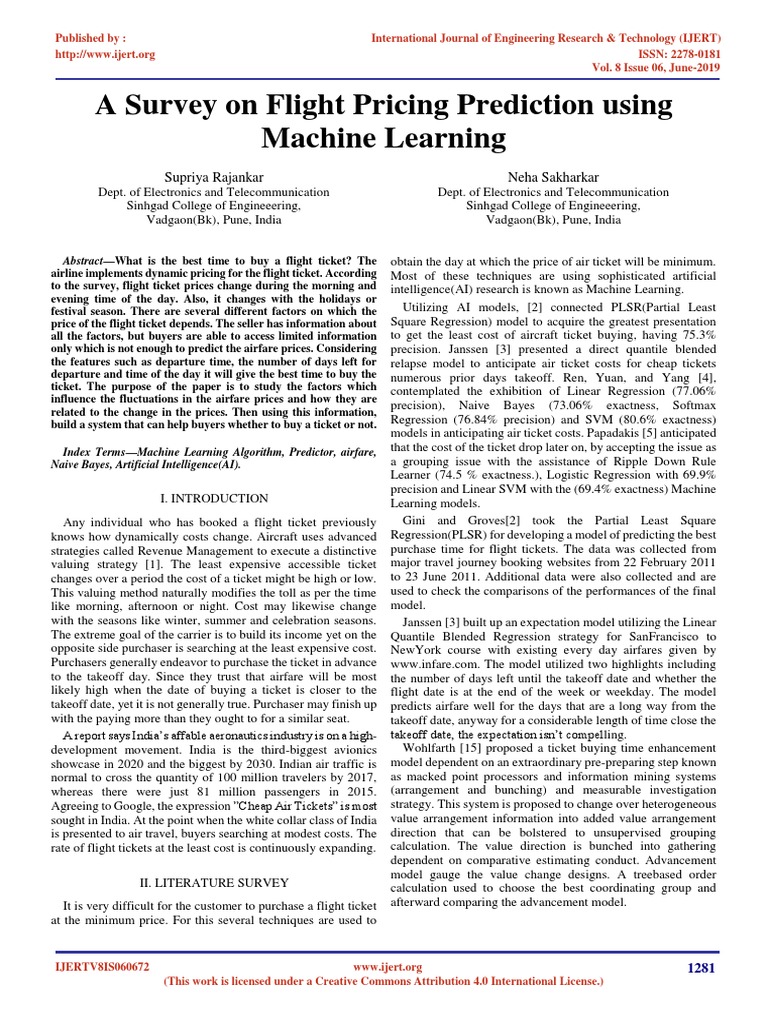A Survey On Flight Pricing Prediction Using Machine Learning | PDF ...