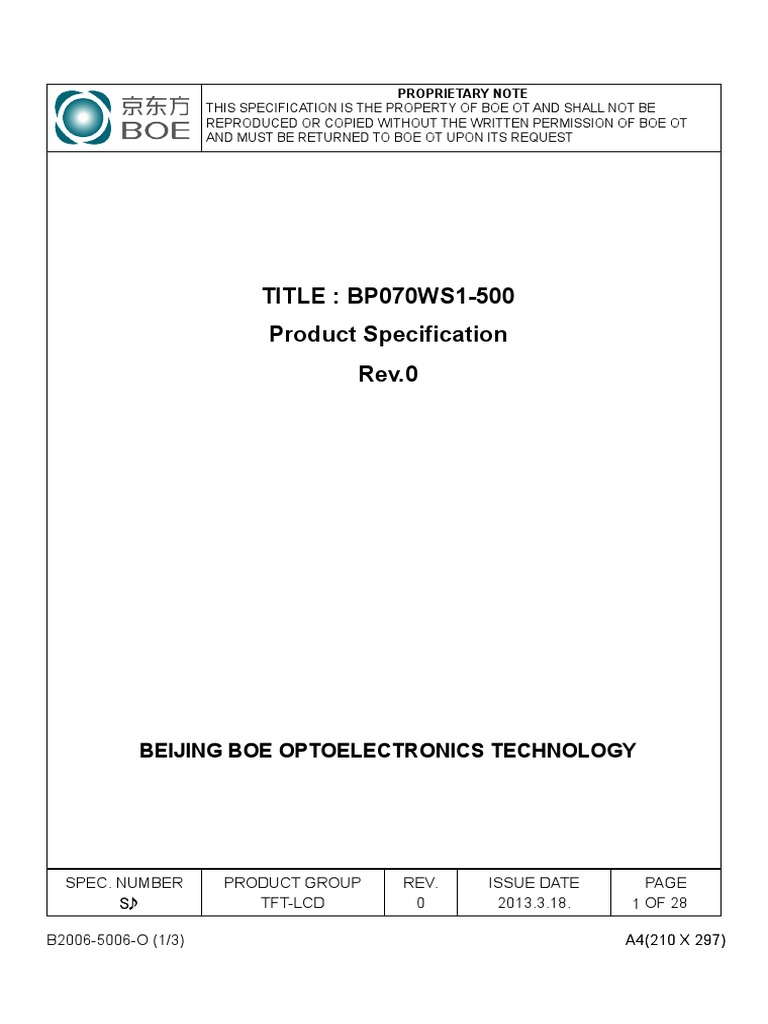 TITLE BP070WS1500 Product Specification Rev.0 Beijing Boe