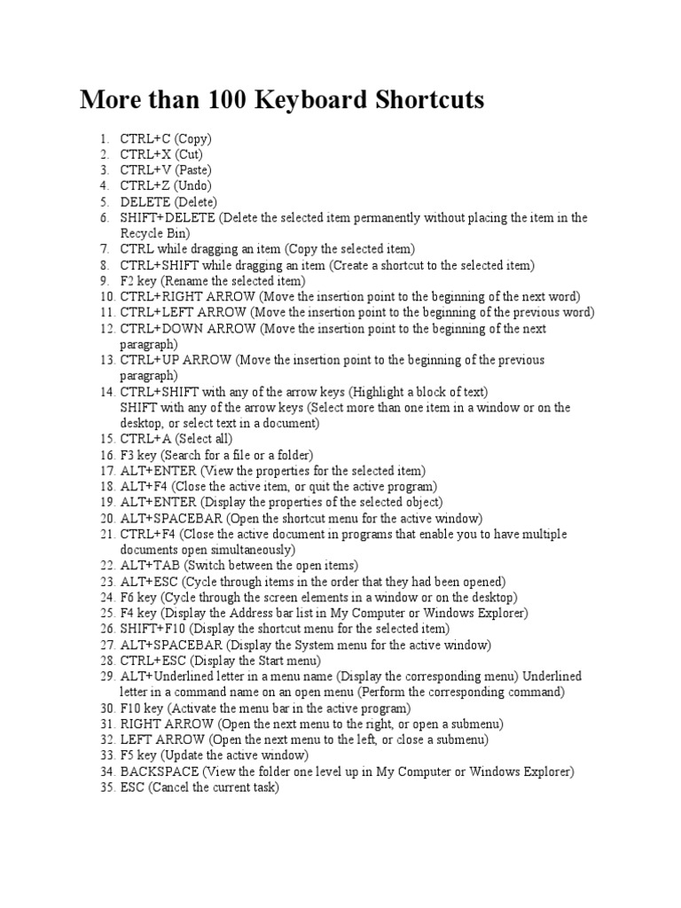 100 Key Board Short Cuts | PDF | Microsoft Windows | Window (Computing)