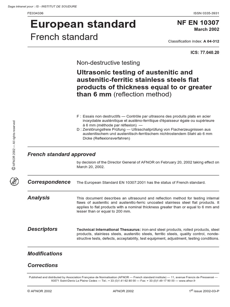 En 10307 | PDF | Nondestructive Testing | Ultrasound