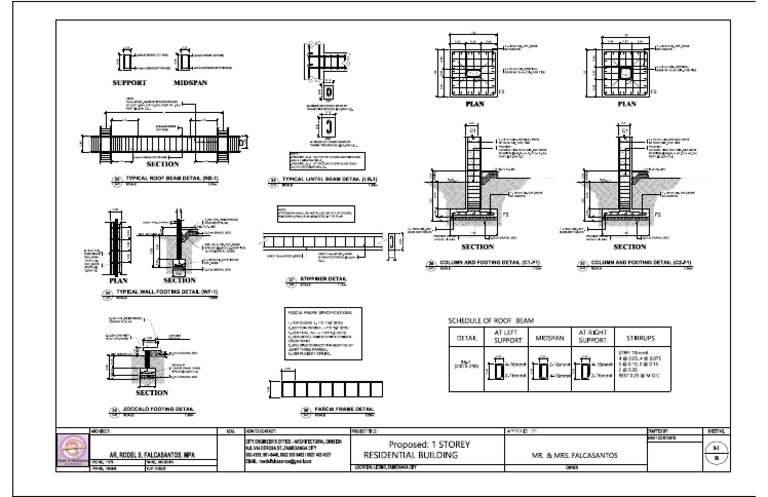Proposed: 1 STOREY Residential Building: Support Midspan Plan Plan Plan ...