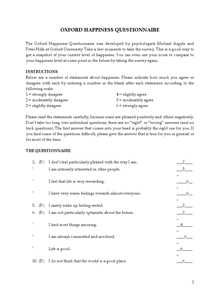 Oxford Happiness Questionnaire Guide | PDF | Questionnaire | Happiness
