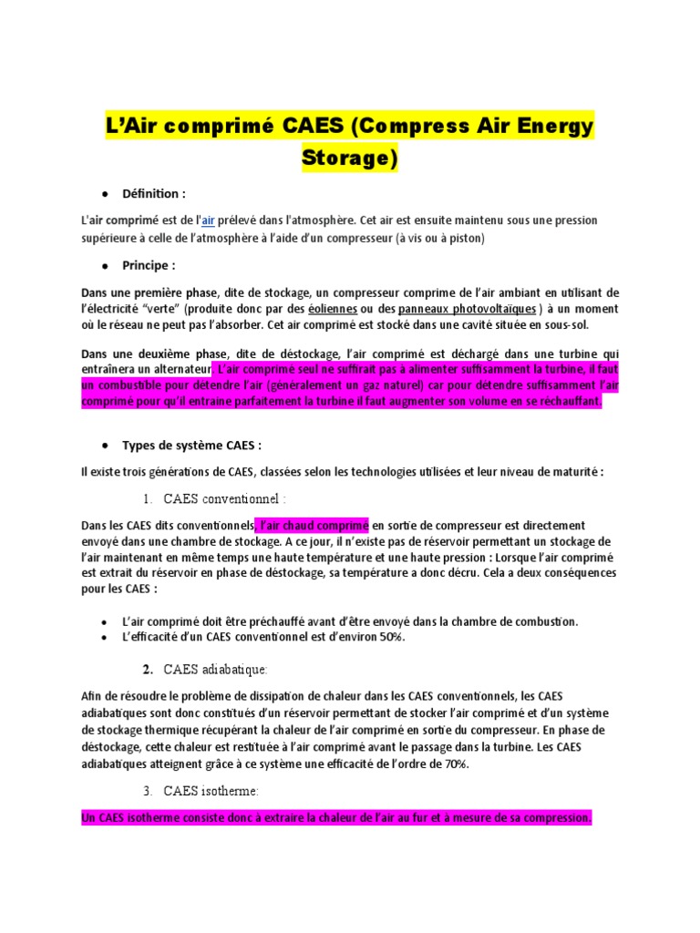 Principe du stockage adiabatique d'air comprimé