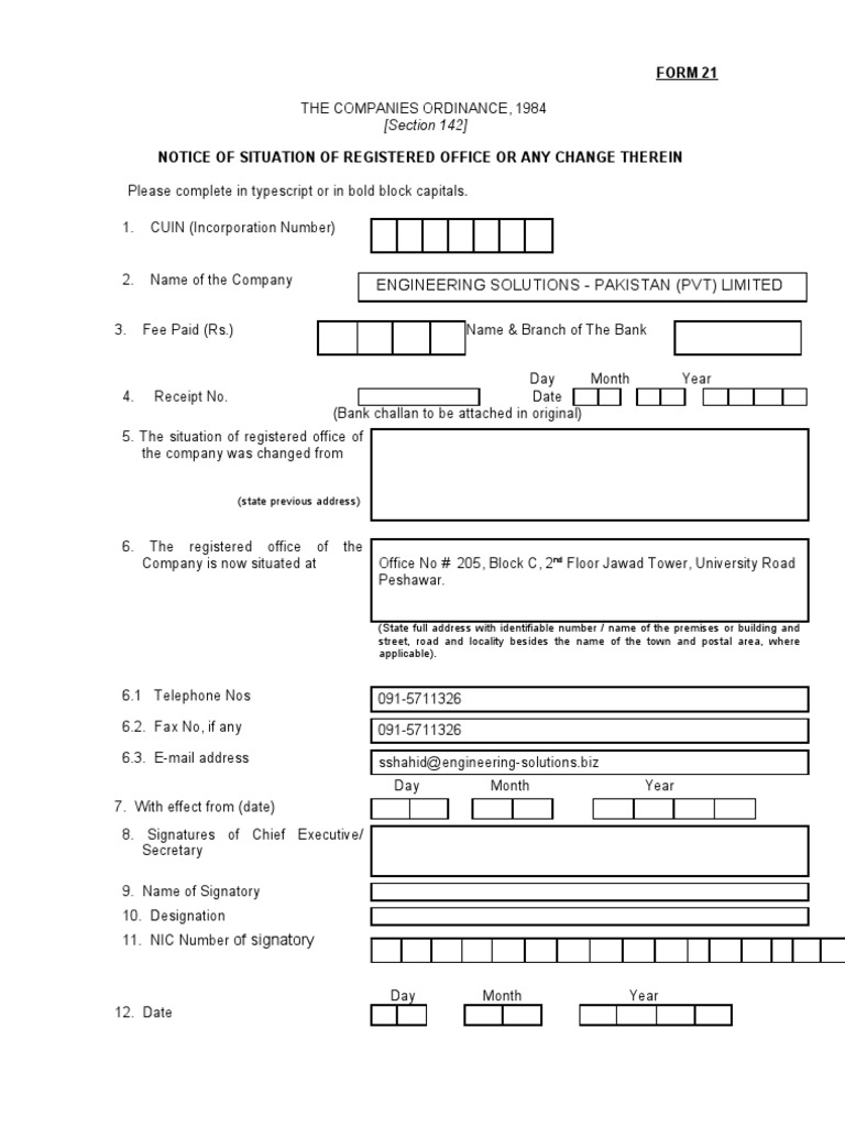 Engineering Solutions - Pakistan (PVT) Limited: Form 21 | PDF