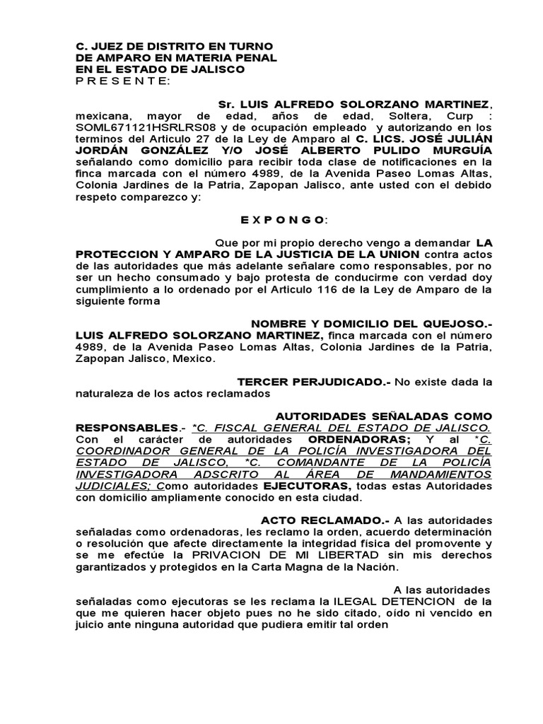 Amparo contra orden de aprehensión en Jalisco | PDF | Violación | Carta ...