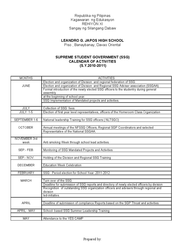 Ssg Calendar of Activities Schools