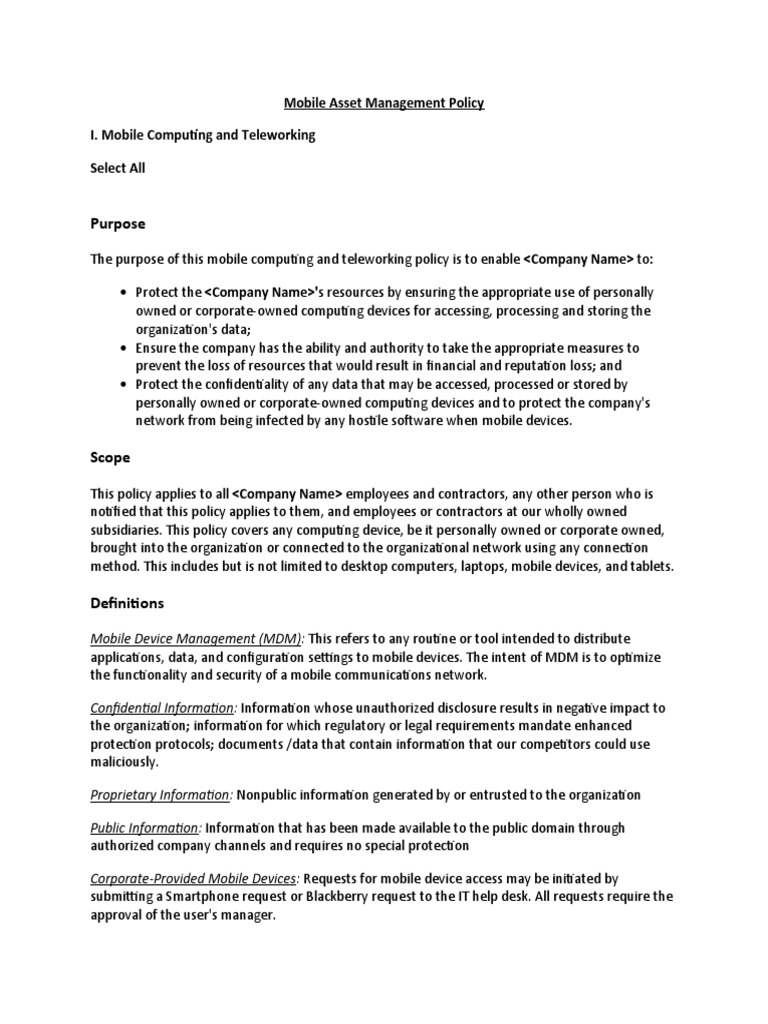 Purpose Mobile Asset Management Policy I. Mobile Computing and