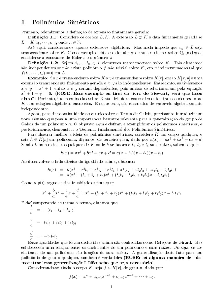 Polinômios Simétricos PDF Analise matemática Álgebra abstrata