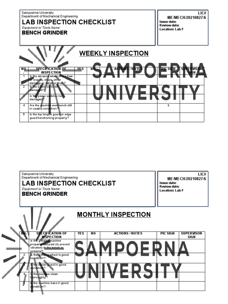 Bench Grinder Safety Inspection Checklist | PDF