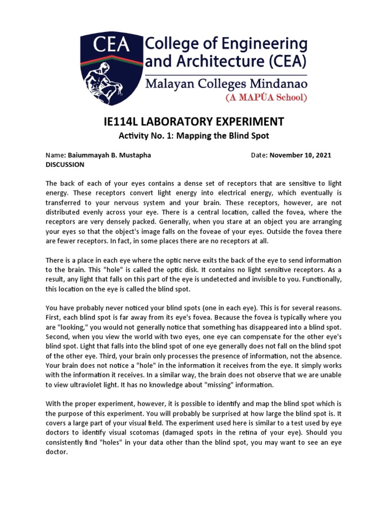 Experiment 1 Mapping The Blind Spot Pdf Eye Visual Perception