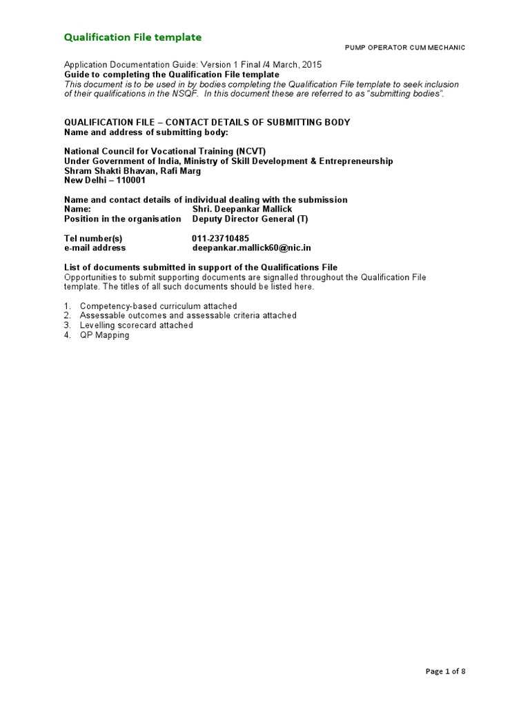 NSQF Pump Operator Cum Mechanic 0 PDF Test (Assessment) Educational Assessment