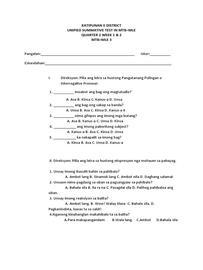 MTB MLE 3 Kwarter 2 Summative 1 | PDF